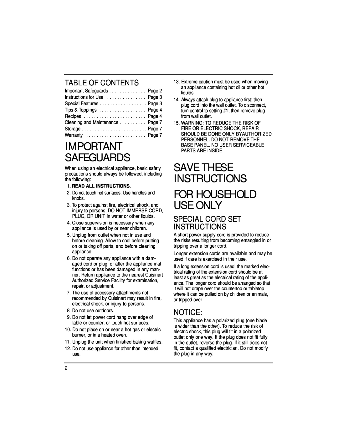 Cuisinart WMB-4A manual Table Of Contents, Special Cord Set Instructions, Safeguards, Save These Instructions 