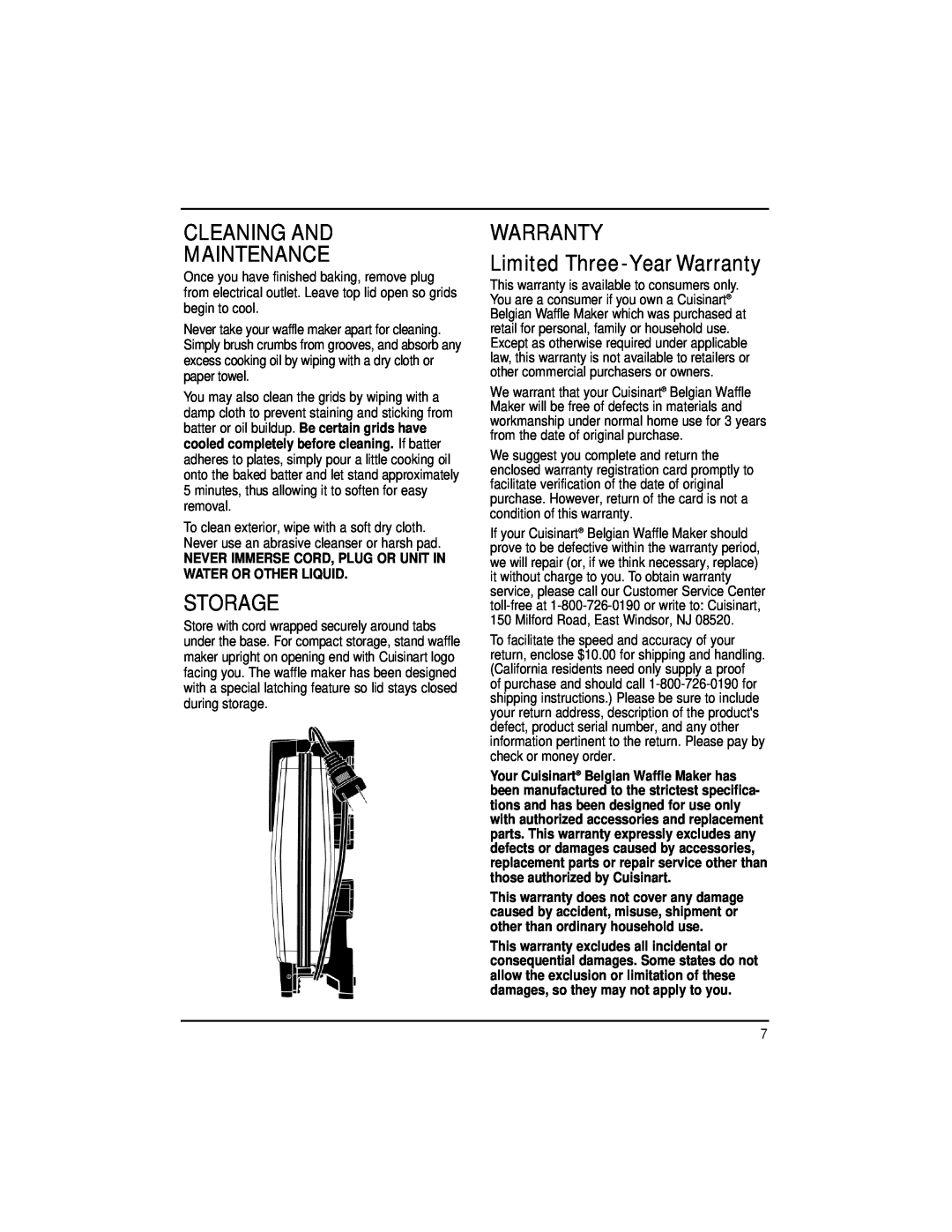 Cuisinart WMB-4A manual Cleaning And Maintenance, Storage, WARRANTY Limited Three -YearWarranty 