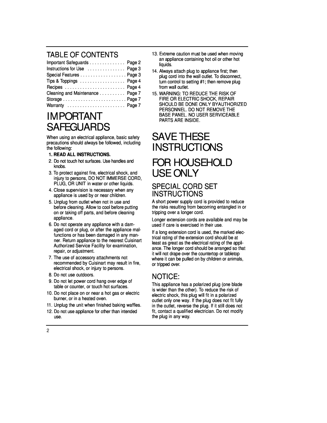 Cuisinart WMB-4AC manual Table Of Contents, Special Cord Set Instructions, Safeguards, Save These Instructions 