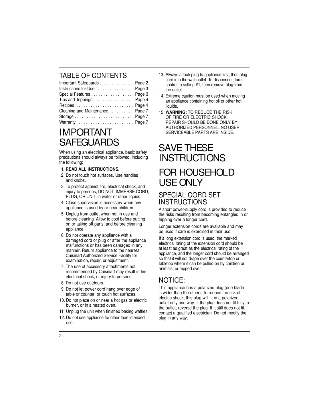 Cuisinart WMR-CA manual Table of Contents, Special Cord SET Instructions 