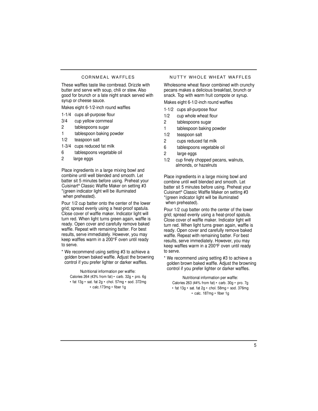 Cuisinart WMR-CA manual Cornmeal Waffles, Nutty Whole Wheat Waffles 