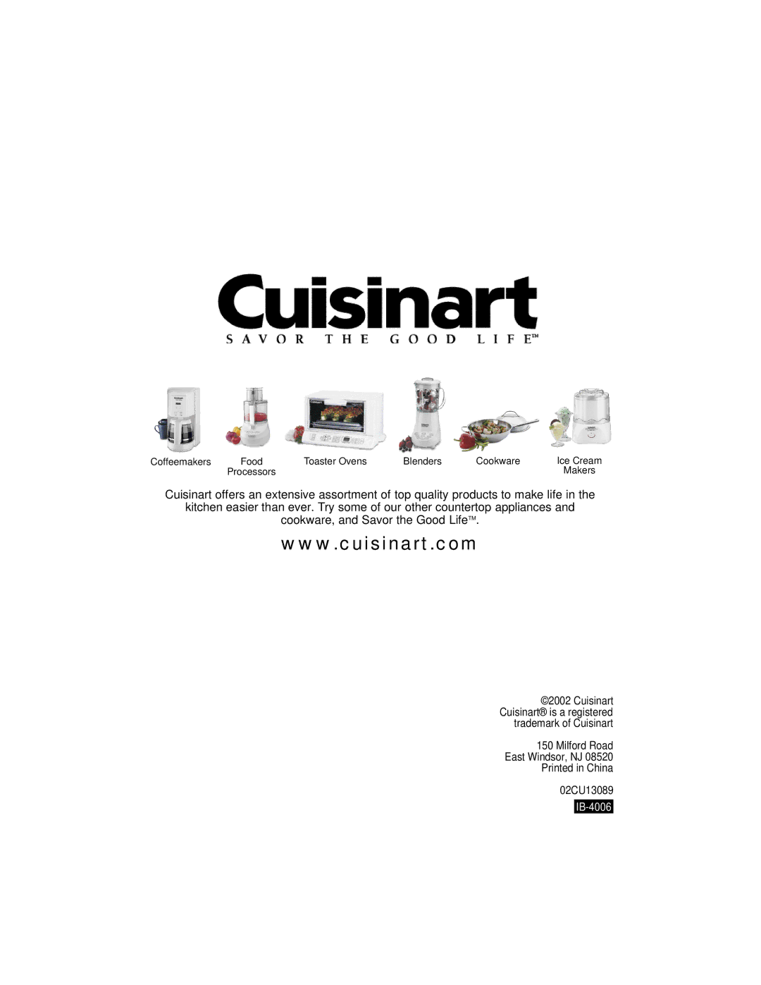 Cuisinart WMR-CA manual Milford Road East Windsor, NJ 02CU13089 