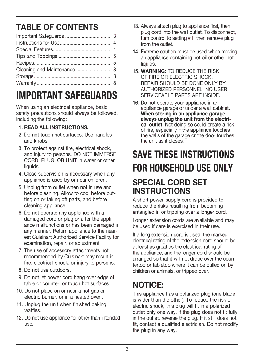 Cuisinart WMR-CA manual Table of Contents, Special Cord SET Instructions 