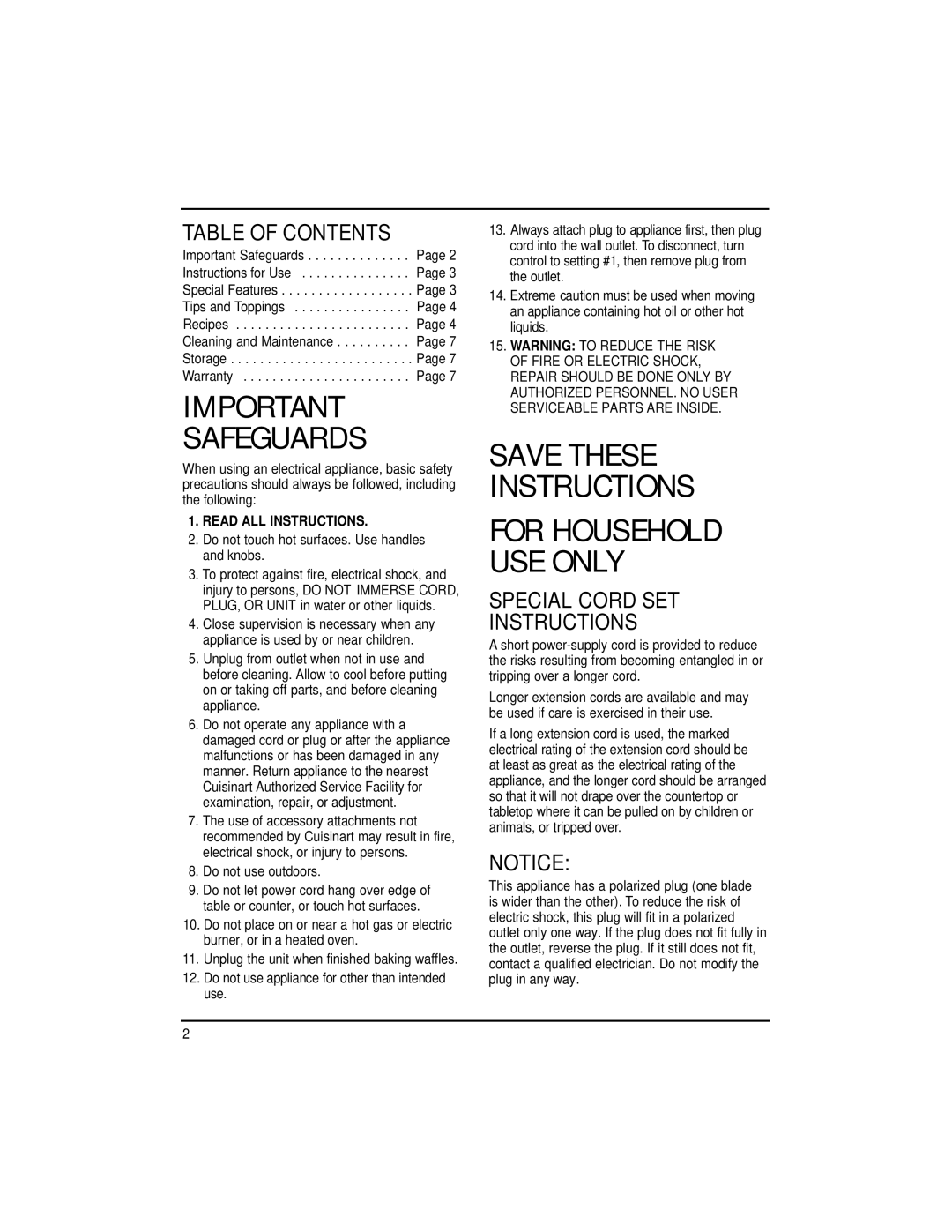 Cuisinart WMR-CA manual Table Of Contents, Special Cord Set Instructions, Safeguards, Save These Instructions 