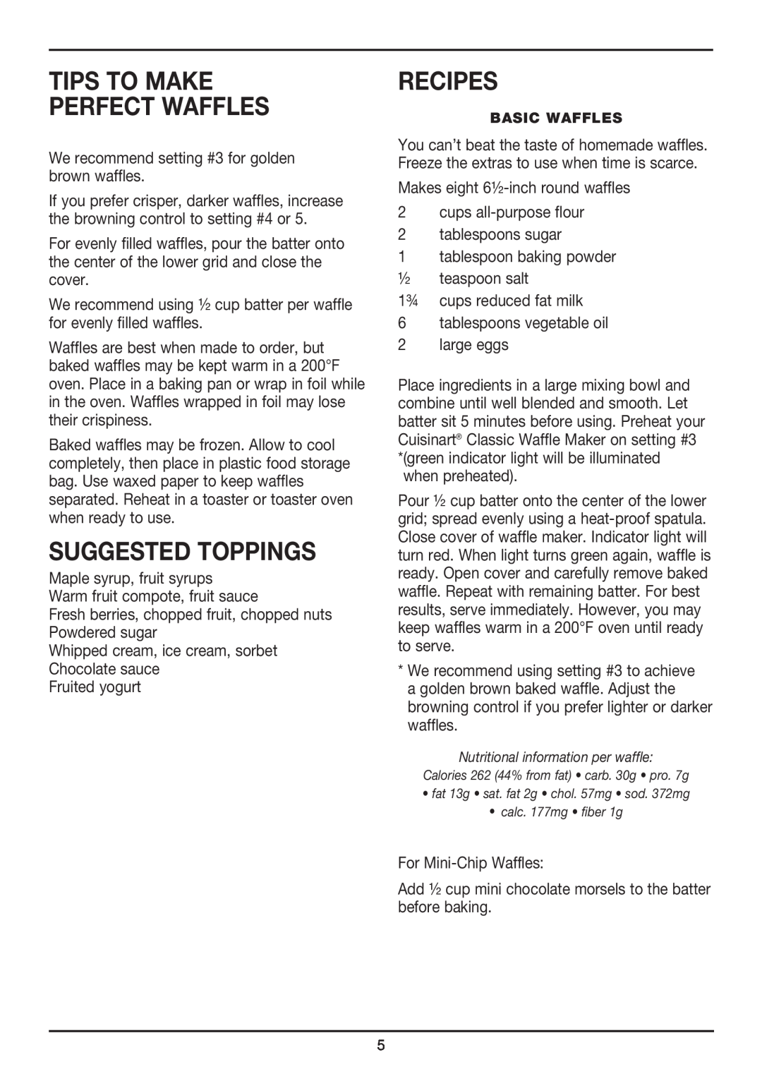 Cuisinart WMR-CA manual Tips To Make Perfect Waffles, Suggested Toppings, Recipes 