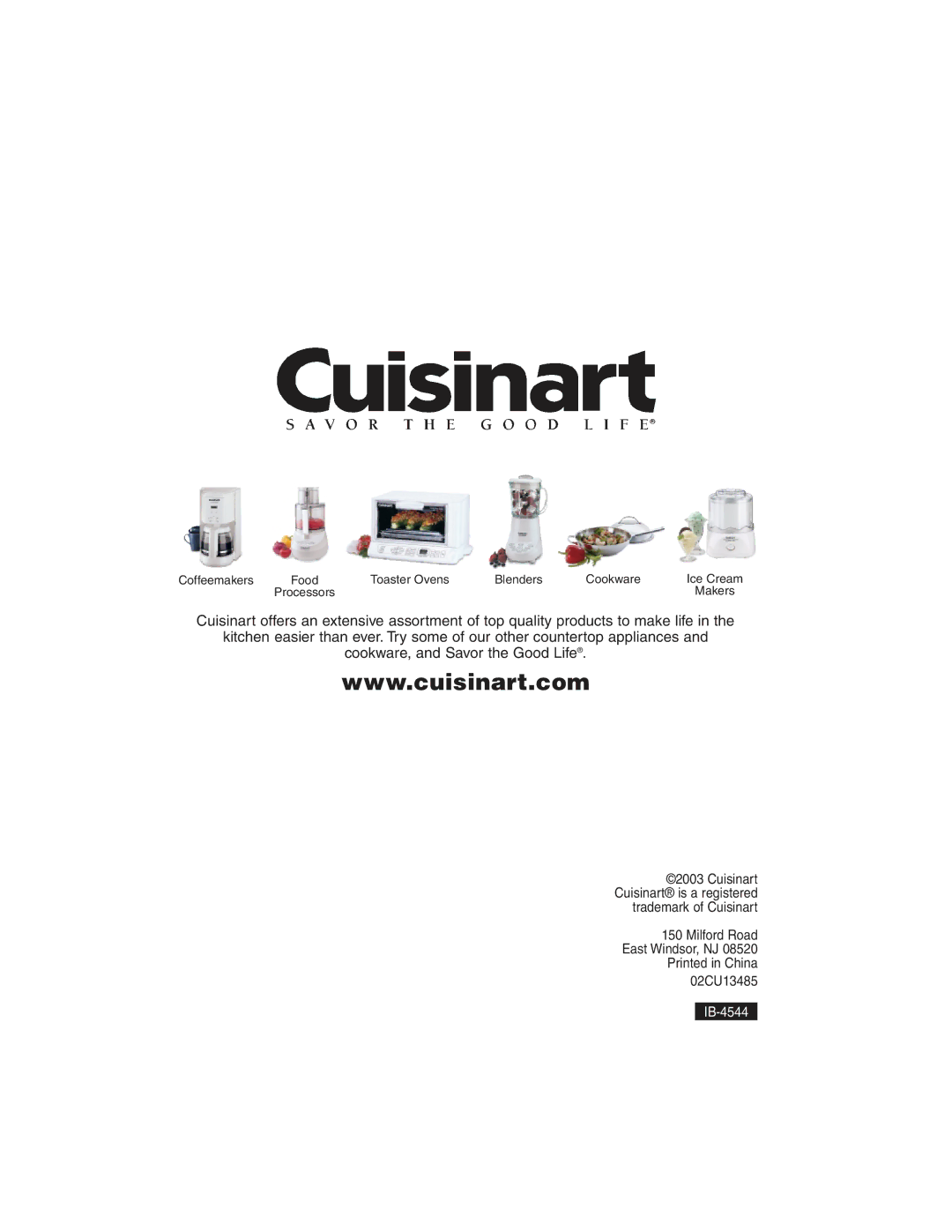 Cuisinart WMR-H manual Milford Road East Windsor, NJ 02CU13485 