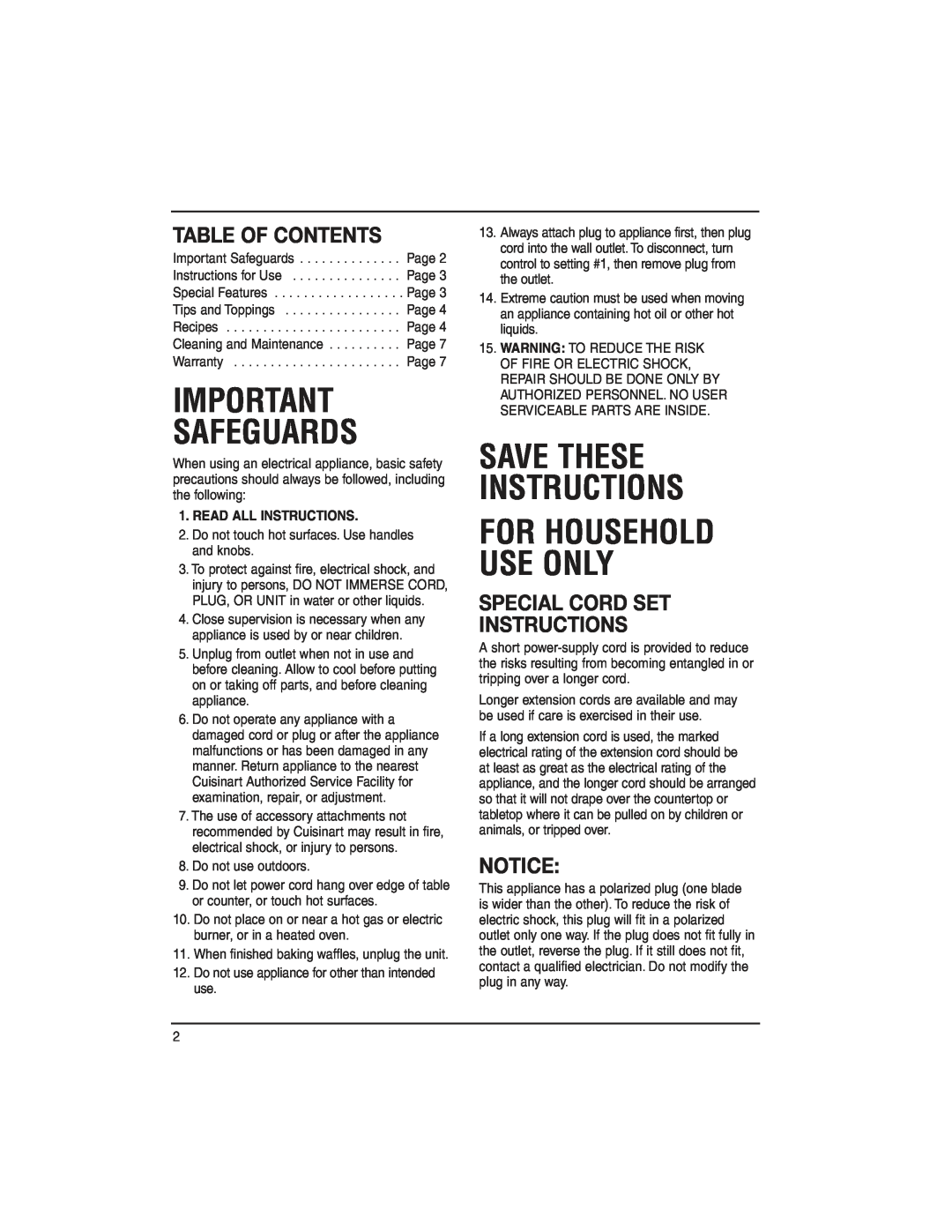 Cuisinart WMR-H manual Table Of Contents, Special Cord Set Instructions, Safeguards, Save These Instructions 