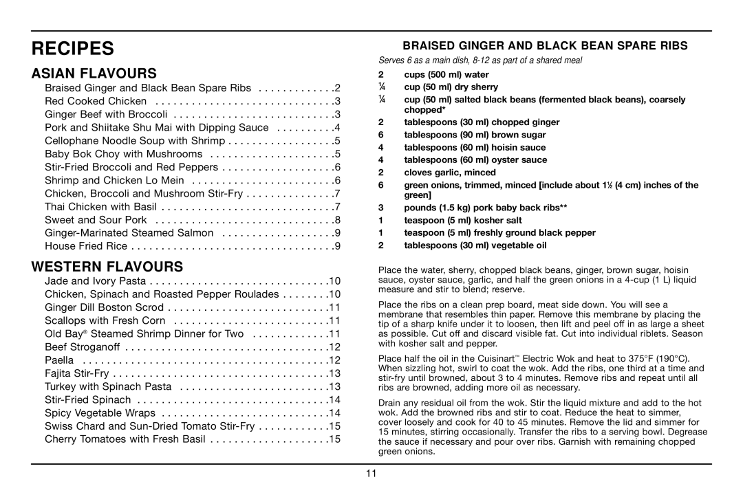 Cuisinart WOK-703C manual Recipes, Braised Ginger and Black Bean Spare Ribs 