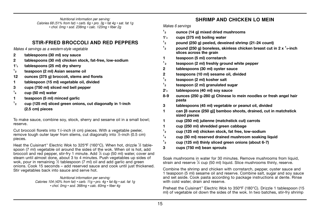 Cuisinart WOK-703C manual STIR-FRIED Broccoli and RED Peppers, Shrimp and Chicken LO Mein 