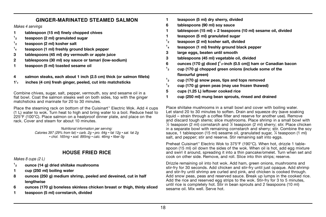 Cuisinart WOK-703C manual GINGER-MARINATED Steamed Salmon, House Fried Rice 