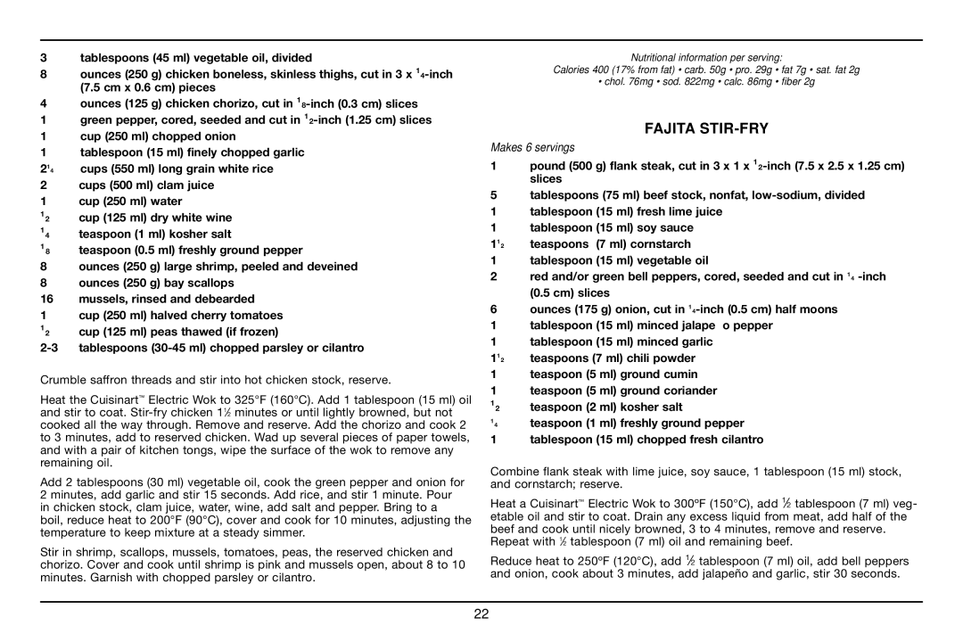 Cuisinart WOK-703C manual Fajita STIR-FRY 