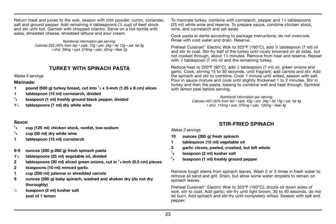 Cuisinart WOK-703C manual Turkey with Spinach Pasta, STIR-FRIED Spinach 