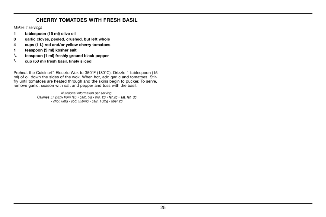 Cuisinart WOK-703C manual Cherry Tomatoes with Fresh Basil 