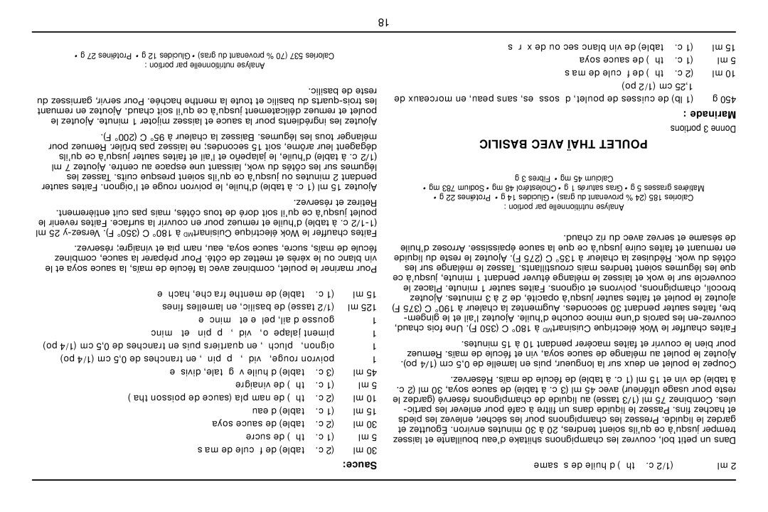 Cuisinart WOK-703C manual Marinade portions 3 Donne Basilic Avec Thaï Poulet, Sameés de huile’d éth à .c 1/2 