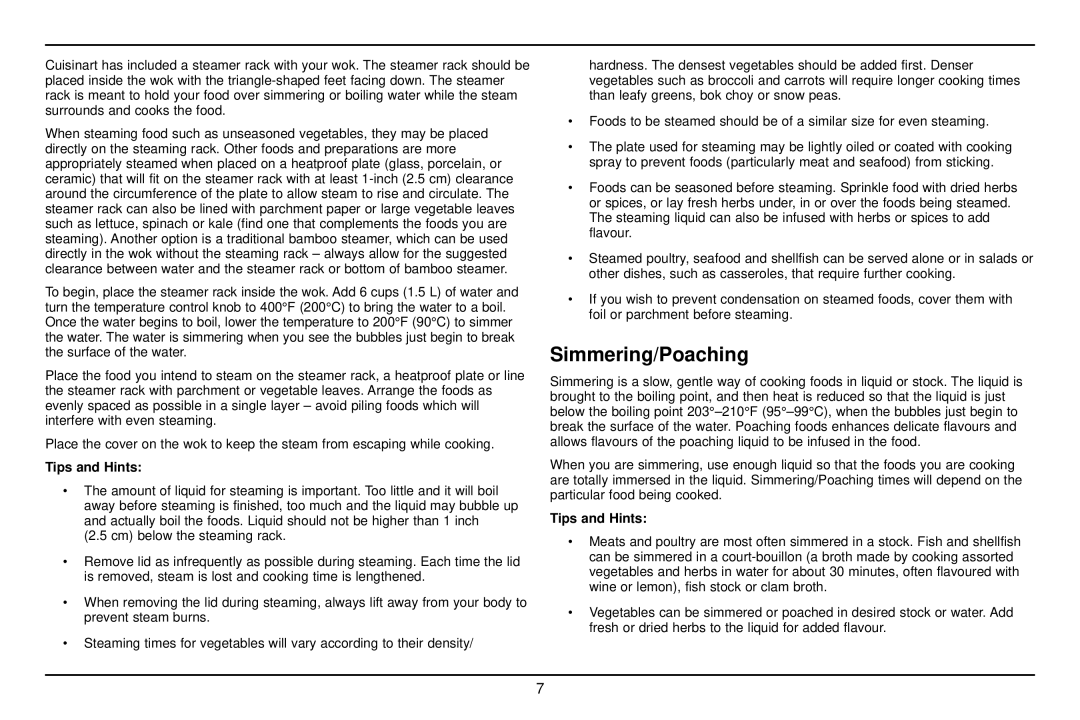 Cuisinart WOK-703C manual Simmering/Poaching 