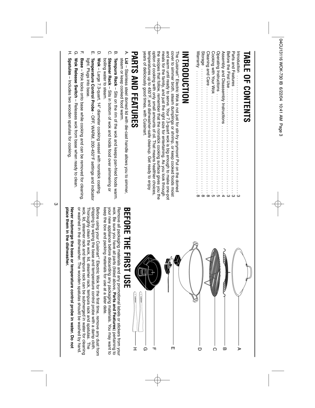 Cuisinart WOK-730 manual Table of Contents, Introduction, Parts and Features, Before the First USE 