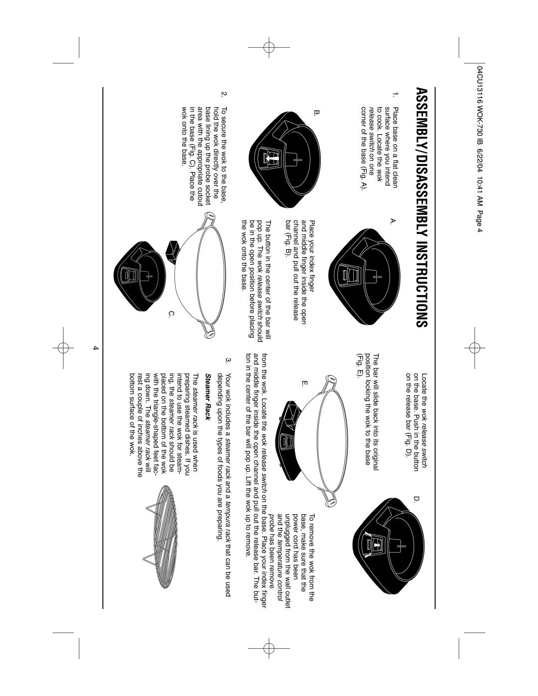 Cuisinart WOK-730 manual ASSEMBLY/DISASSEMBLY Instructions, Locate the wok release switch 