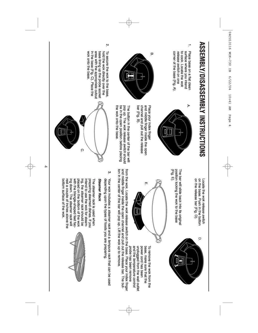 Cuisinart WOK-730 manual Assembly/Disassembly Instructions, Locate the wok release switch, and the temperature control 