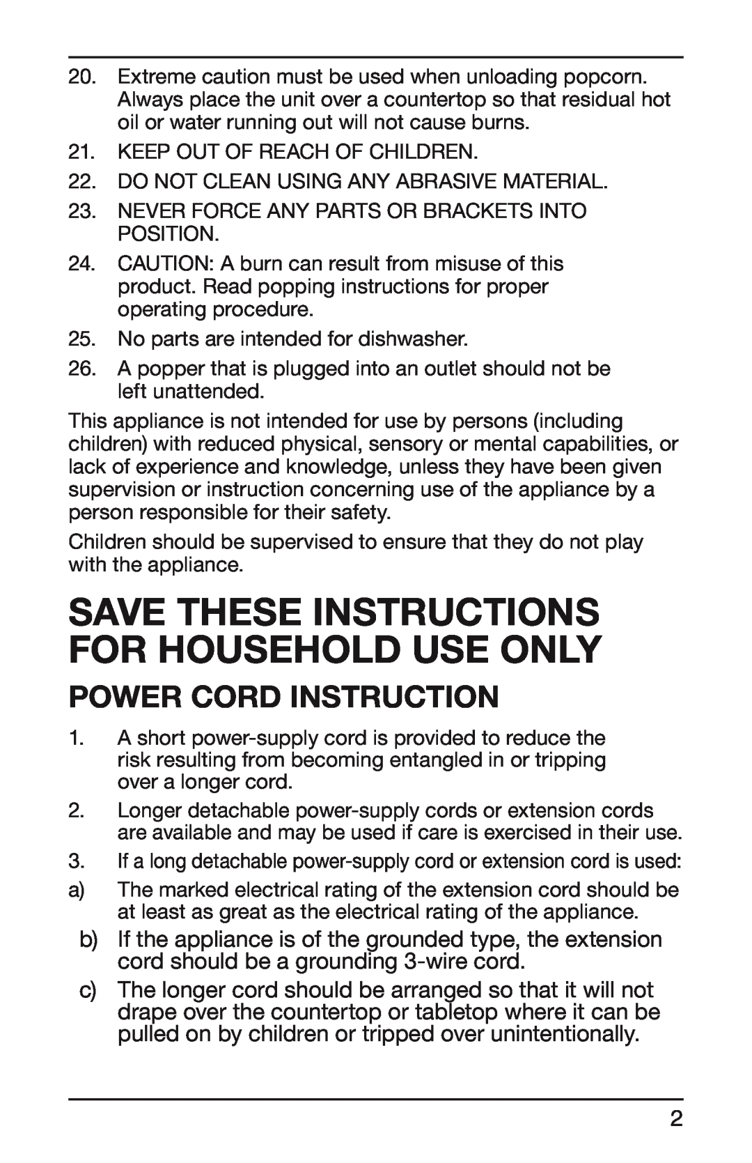 Cuisinart WPM-25A manual Save These Instructions For Household Use Only, Power Cord Instruction 