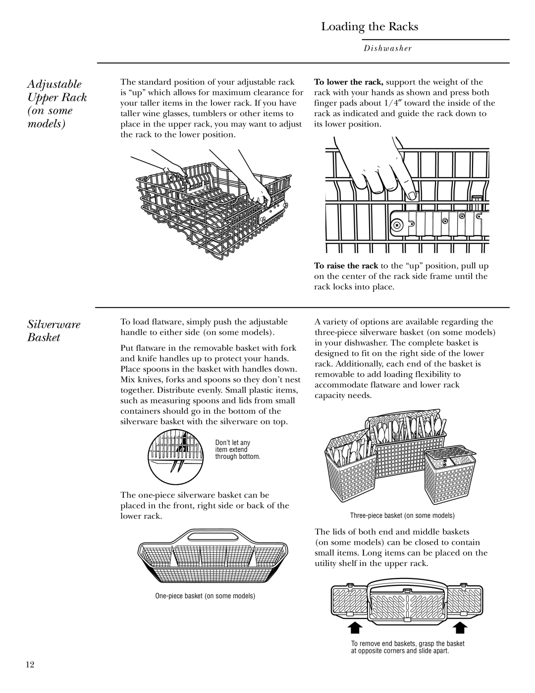 Cuisine-Cookware ZBD6880, ZBD6800, ZBD0710, ZBD6890, ZBD0700 manual Adjustable Upper Rack on some models, Silverware Basket 