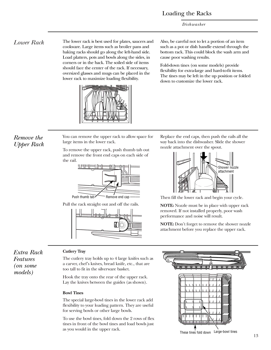 Cuisine-Cookware ZBD6890 Lower Rack, Remove the Upper Rack, Extra Rack Features on some models, Cutlery Tray, Bowl Tines 