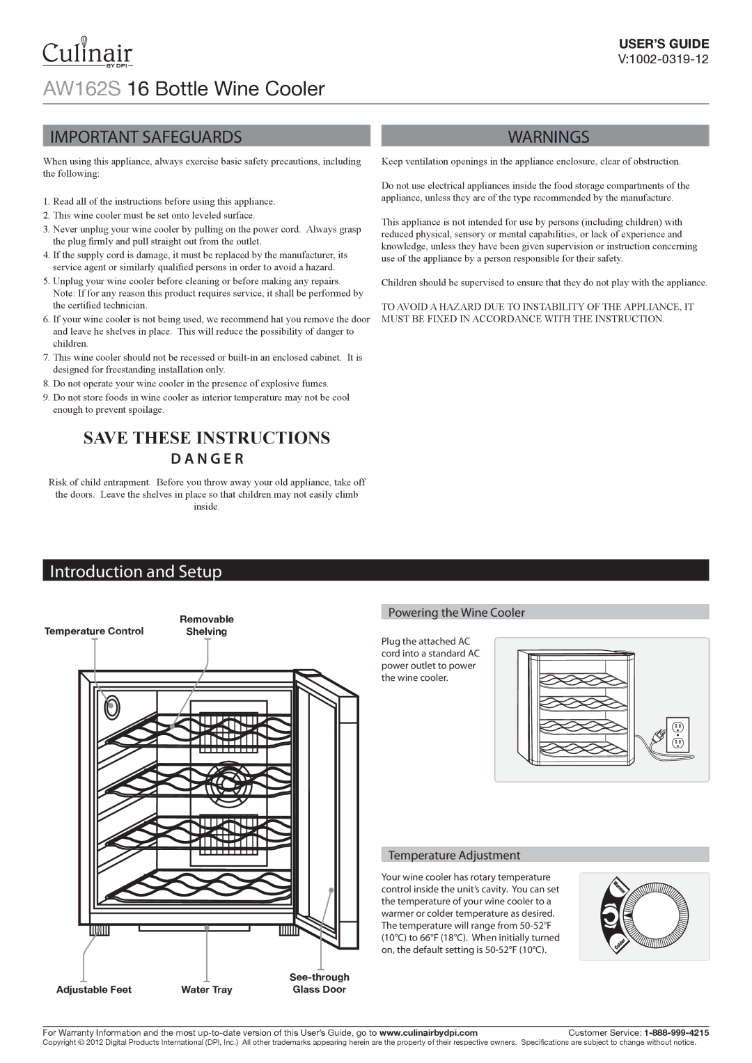 Culinair AW162S warranty Introduction and Setup, V1002-0319-12, Powering the Wine Cooler, Temperature Adjustment 