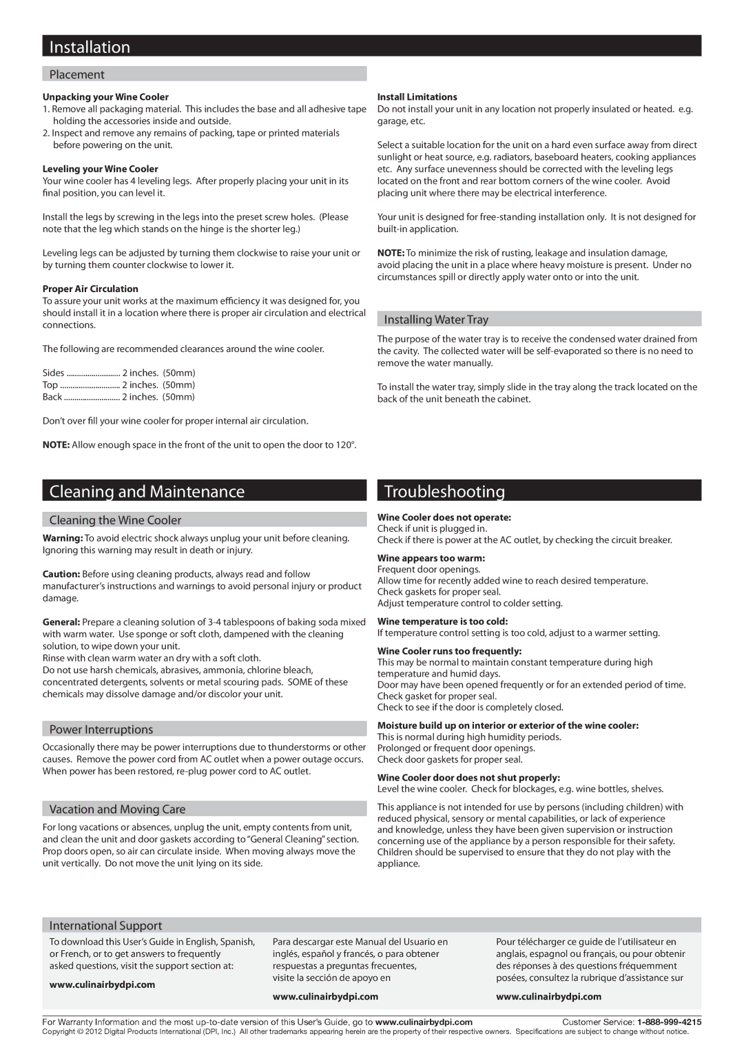 Culinair AW162S warranty Installation, Cleaning and Maintenance, Troubleshooting 