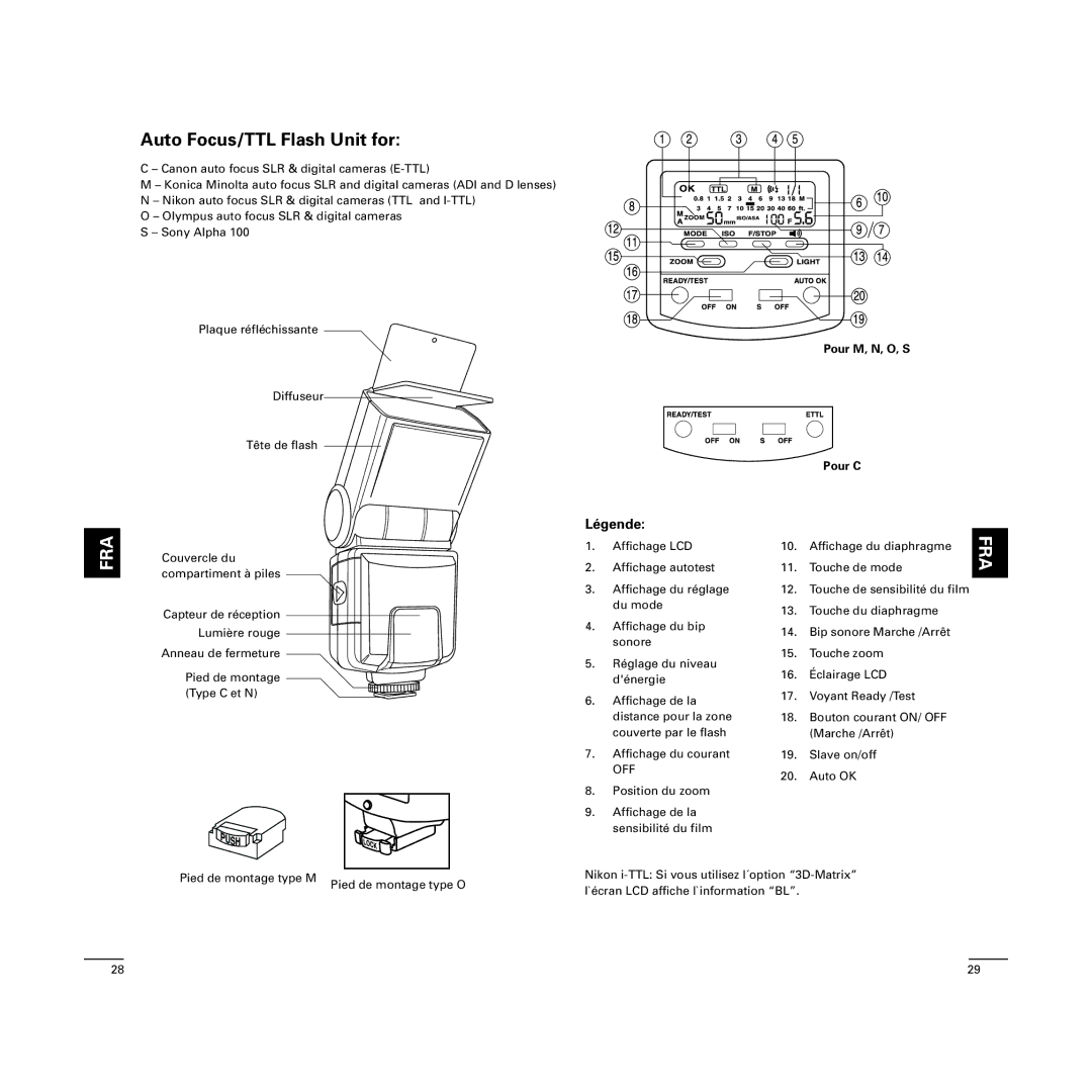 Cullmann D4500 manual Légende, Pour M, N, O, S Pour C 