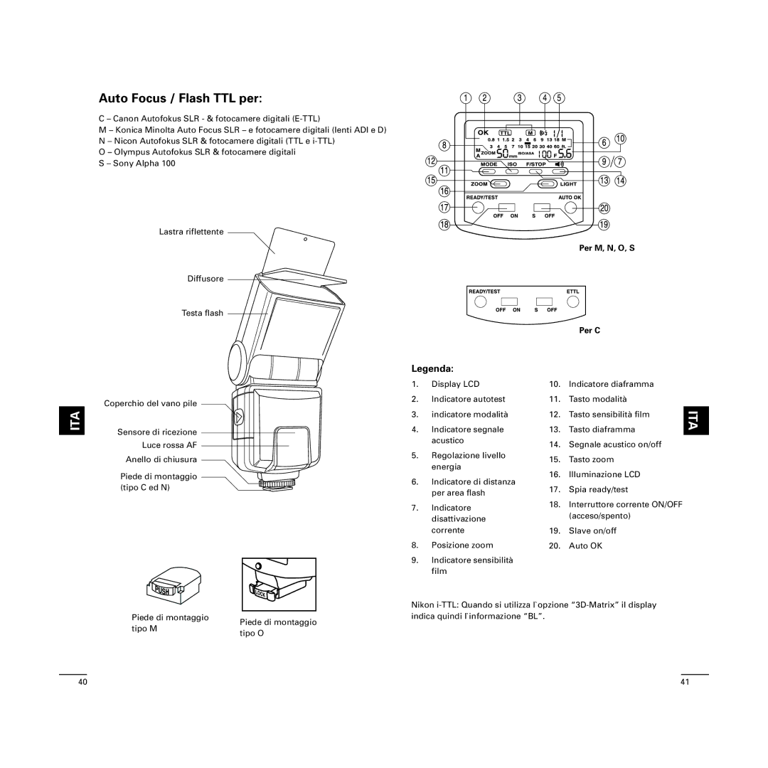 Cullmann D4500 manual Auto Focus / Flash TTL per, Per M, N, O, S Per C 