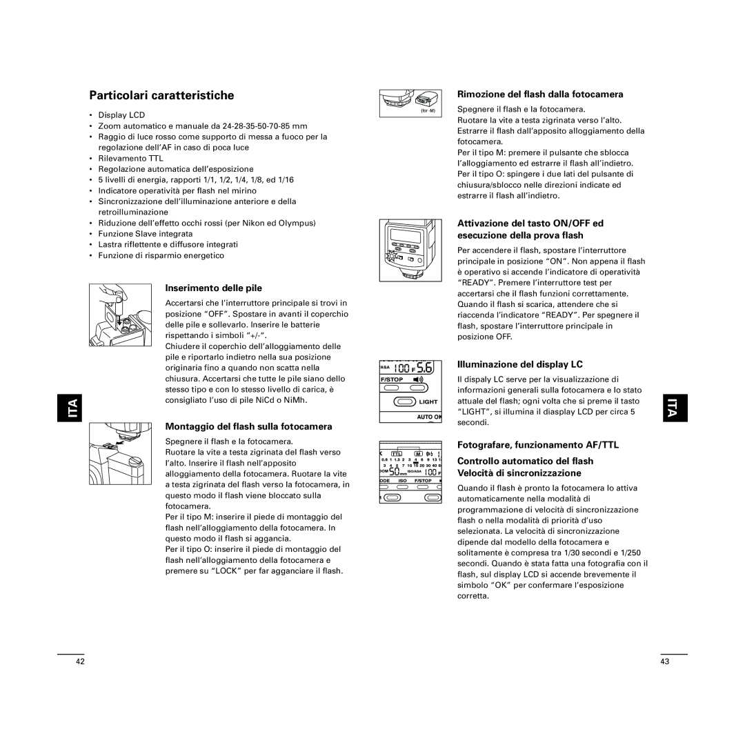 Cullmann D4500 manual Particolari caratteristiche, Inserimento delle pile, Montaggio del flash sulla fotocamera 