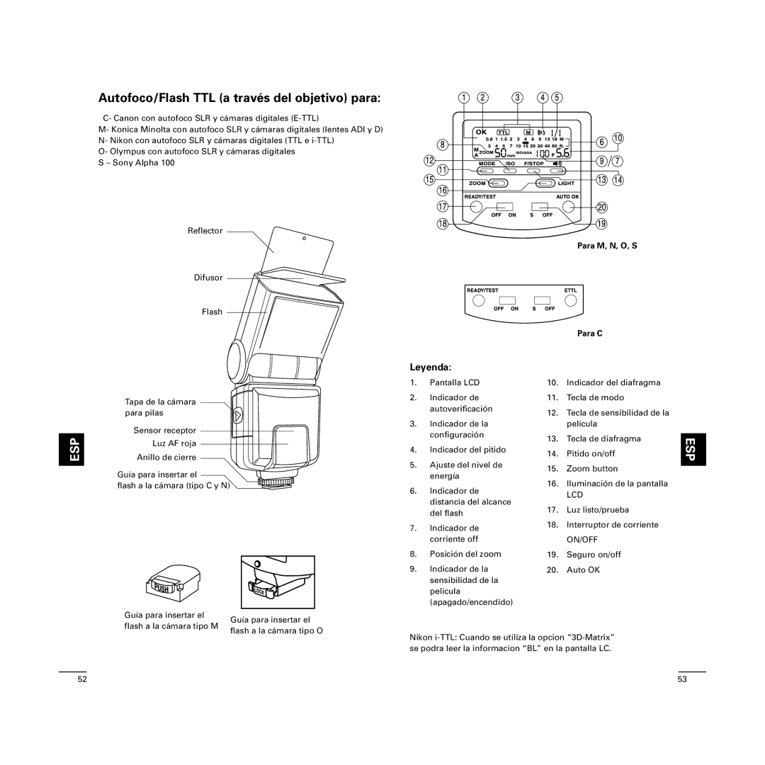 Cullmann D4500 manual Autofoco/Flash TTL a través del objetivo para, Leyenda, Para M, N, O, S Para C 
