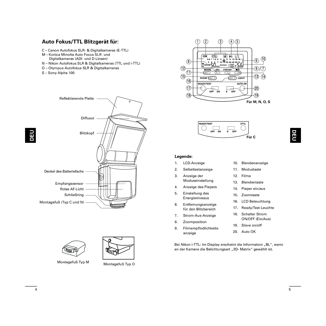 Cullmann D4500 manual Auto Fokus/TTL Blitzgerät für, Für M, N, O, S Für C 