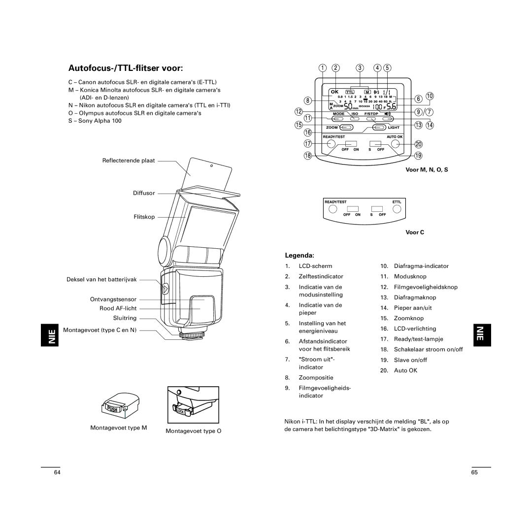 Cullmann D4500 manual Autofocus-/TTL-flitser voor, Voor M, N, O, S Voor C 