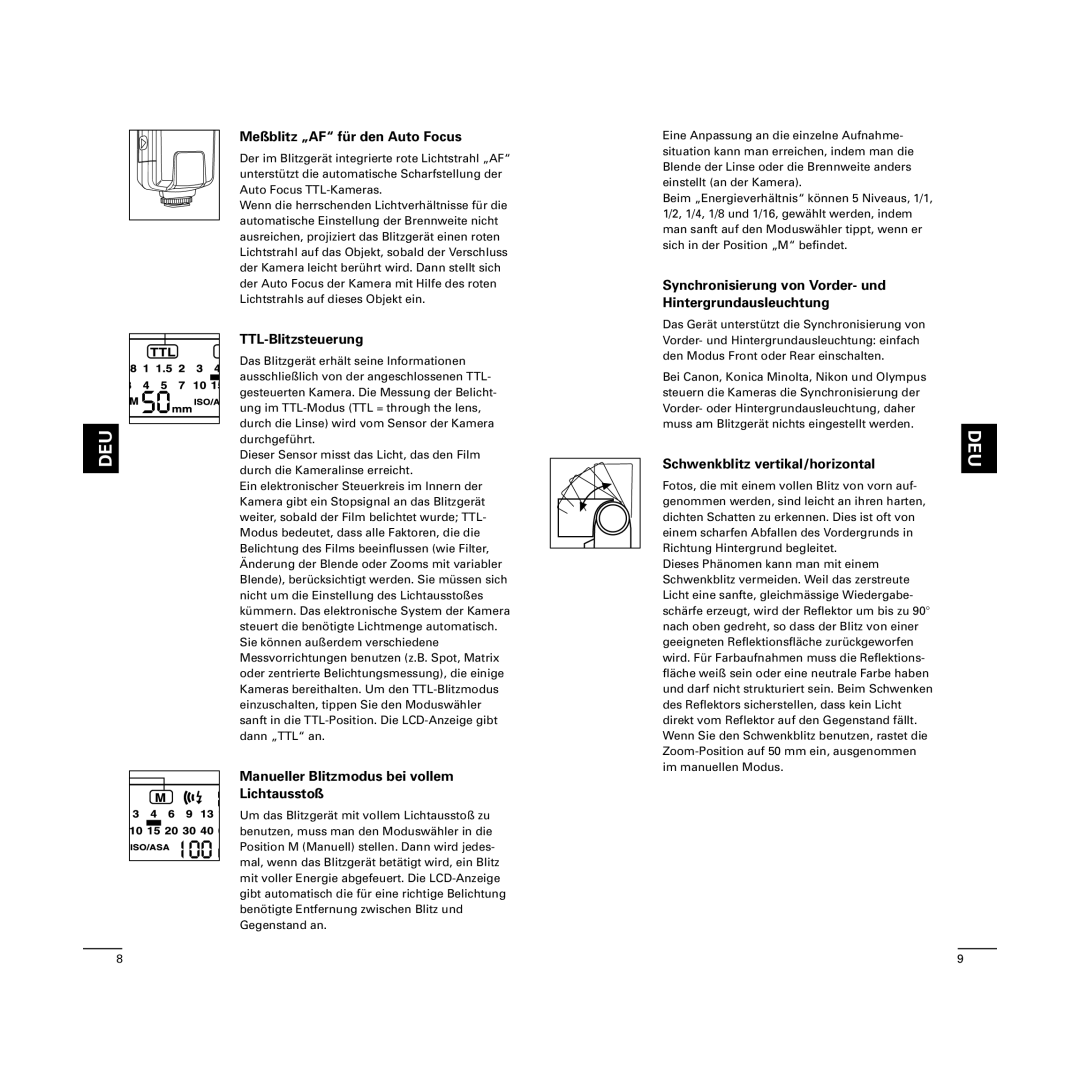 Cullmann D4500 manual Meßblitz „AF für den Auto Focus, TTL-Blitzsteuerung, Manueller Blitzmodus bei vollem Lichtausstoß 
