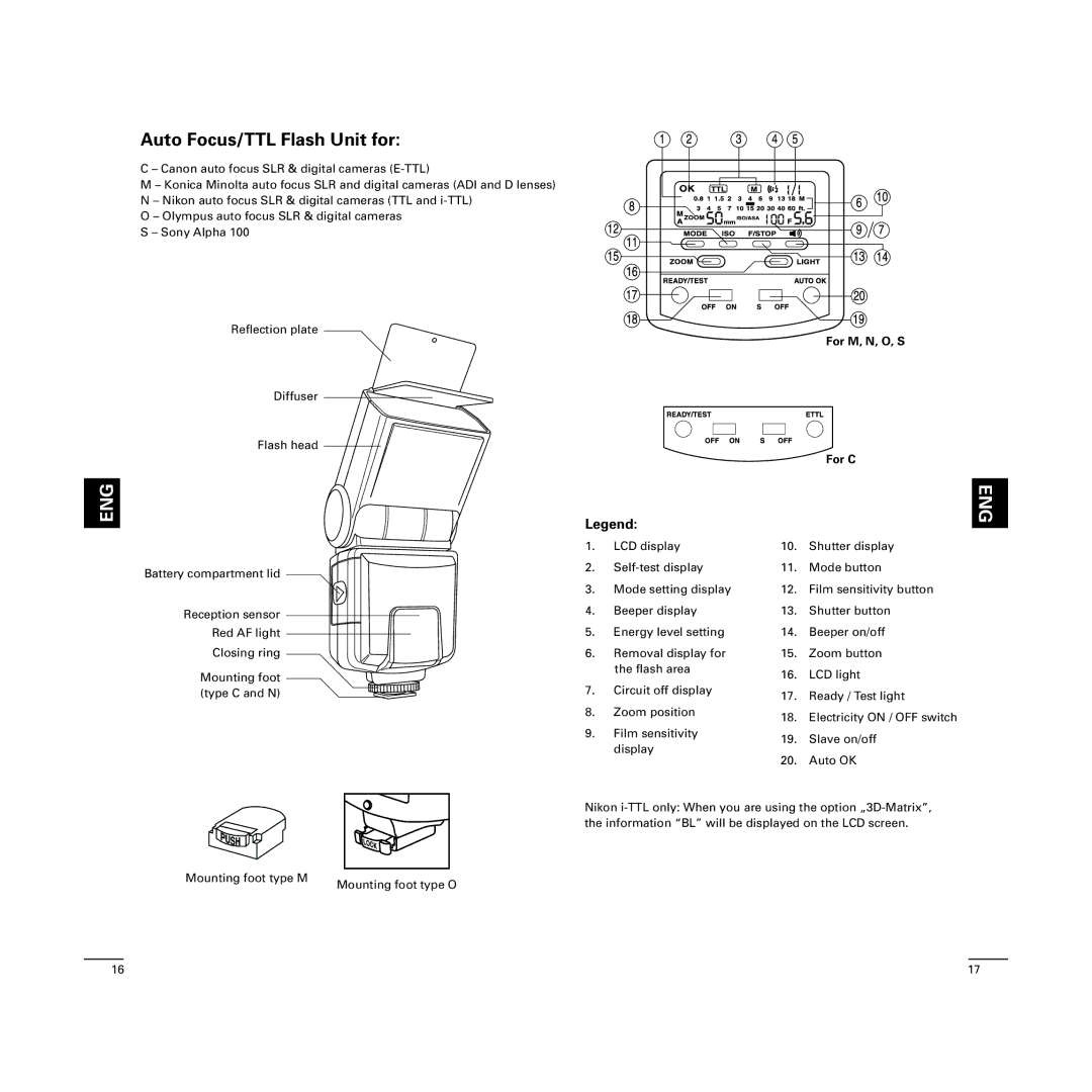 Cullmann D4500 manual Auto Focus/TTL Flash Unit for, For M, N, O, S For C 