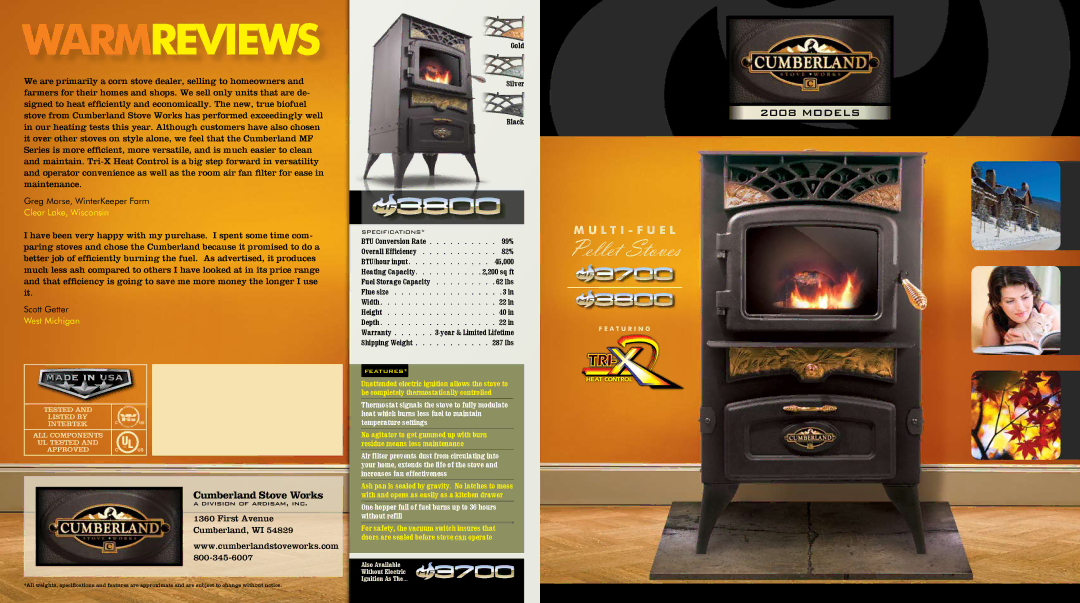 Cumberland Stove Works 2008 specifications Clear Lake, Wisconsin, West Michigan, Black, Warranty 