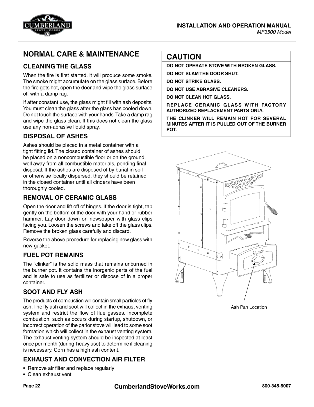 Cumberland Stove Works MF3500 operation manual Cleaning the Glass, Disposal of Ashes, Removal of Ceramic Glass 