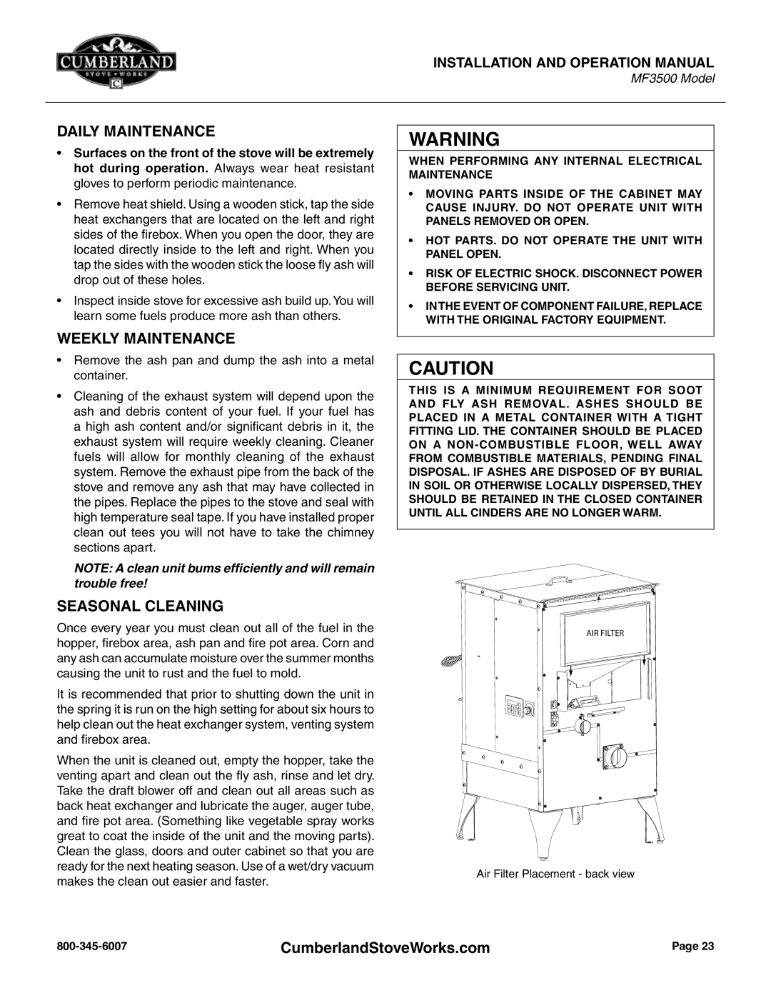 Cumberland Stove Works MF3500 operation manual Daily Maintenance, Weekly Maintenance, Seasonal Cleaning 