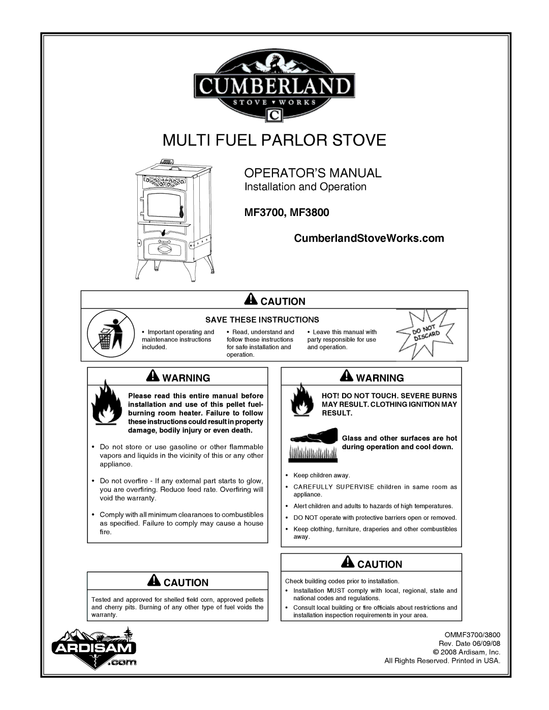 Cumberland Stove Works MF3700, MF3800 warranty Multi Fuel Parlor Stove 