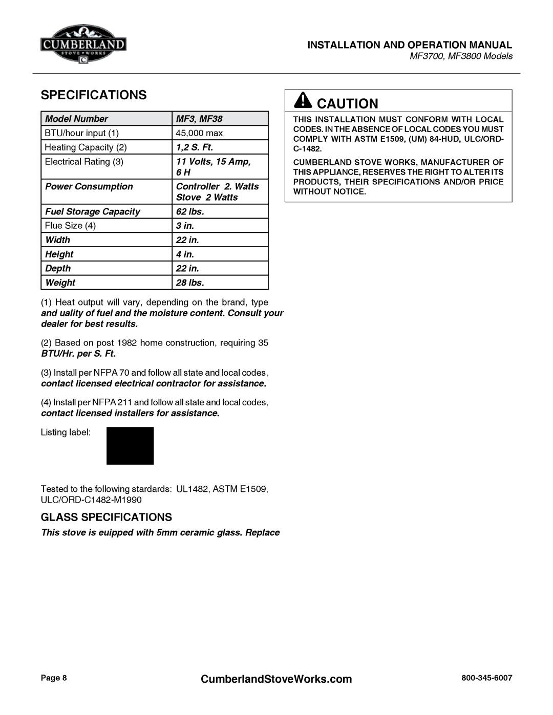 Cumberland Stove Works MF3800, MF3700 warranty Glass Specifications 