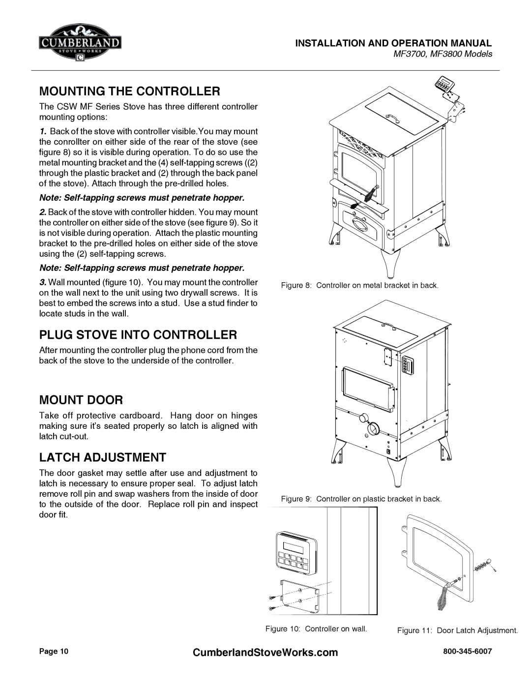 Cumberland Stove Works MF3800, MF3700 Mounting the Controller, Plug Stove Into Controller, Mount Door, Latch Adjustment 