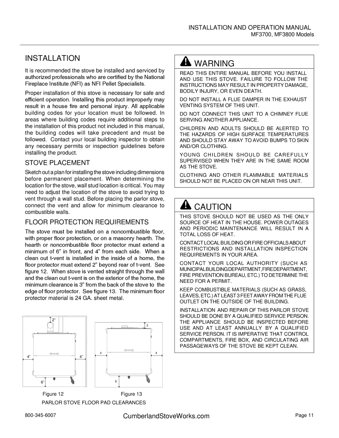 Cumberland Stove Works MF3700, MF3800 warranty Installation, Stove Placement, Floor Protection Requirements 