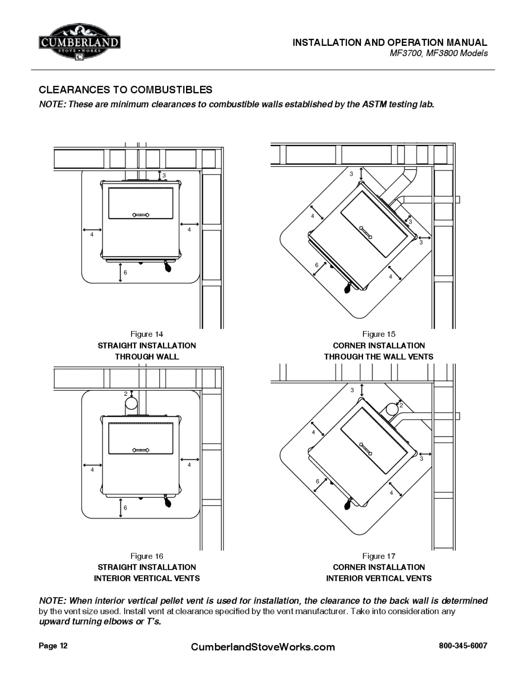 Cumberland Stove Works MF3800, MF3700 warranty Clearances to Combustibles 