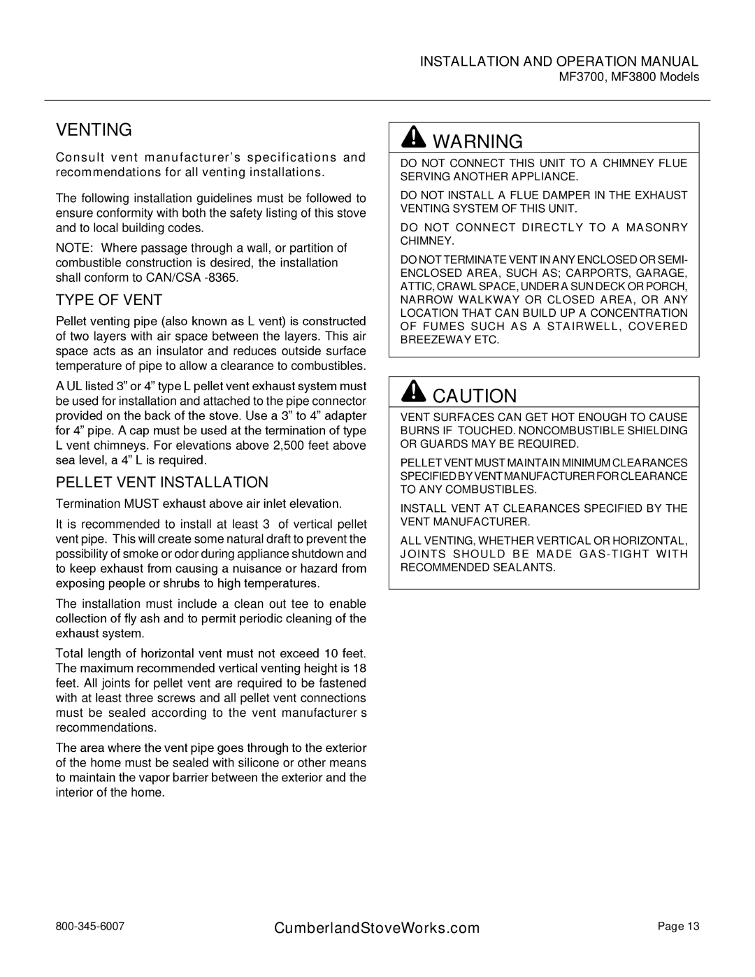 Cumberland Stove Works MF3700, MF3800 warranty Venting, Type of Vent, Pellet Vent Installation 