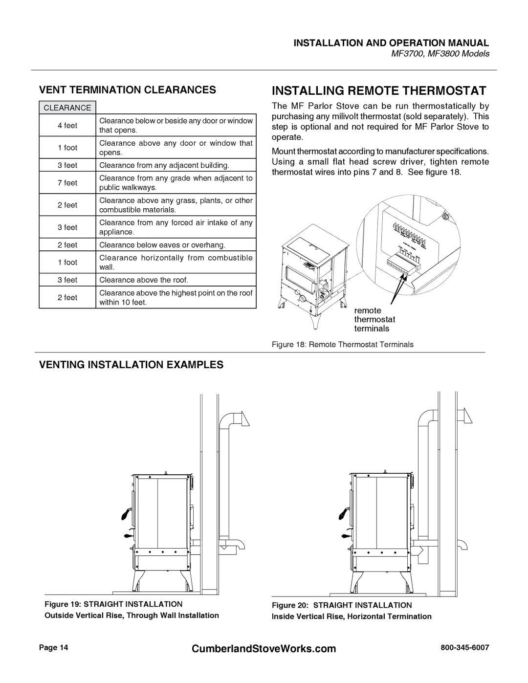 Cumberland Stove Works MF3800, MF3700 warranty Vent Termination Clearances, Venting Installation Examples 