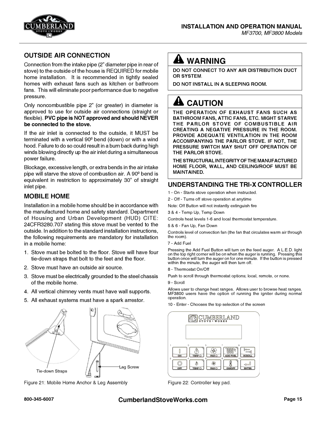 Cumberland Stove Works MF3700, MF3800 warranty Outside AIR Connection, Mobile Home, Understanding the TRI-X Controller 