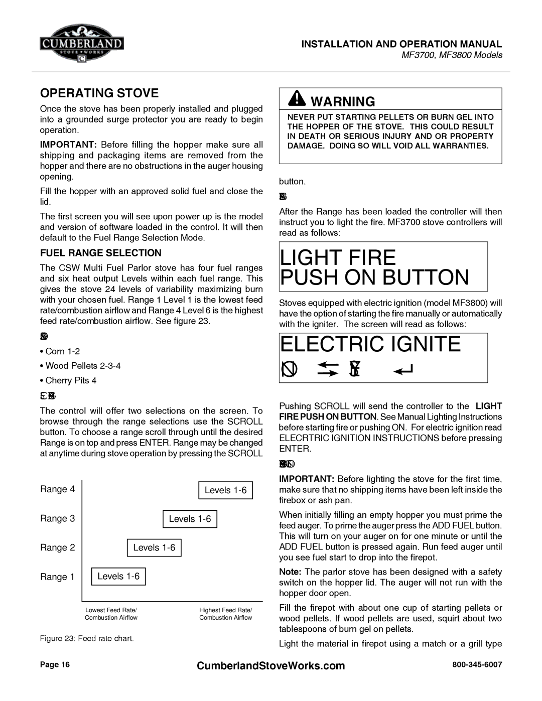 Cumberland Stove Works MF3800, MF3700 Operating Stove, Starting a Fire, Ranges for Approved Fuels, Selecting the Range 