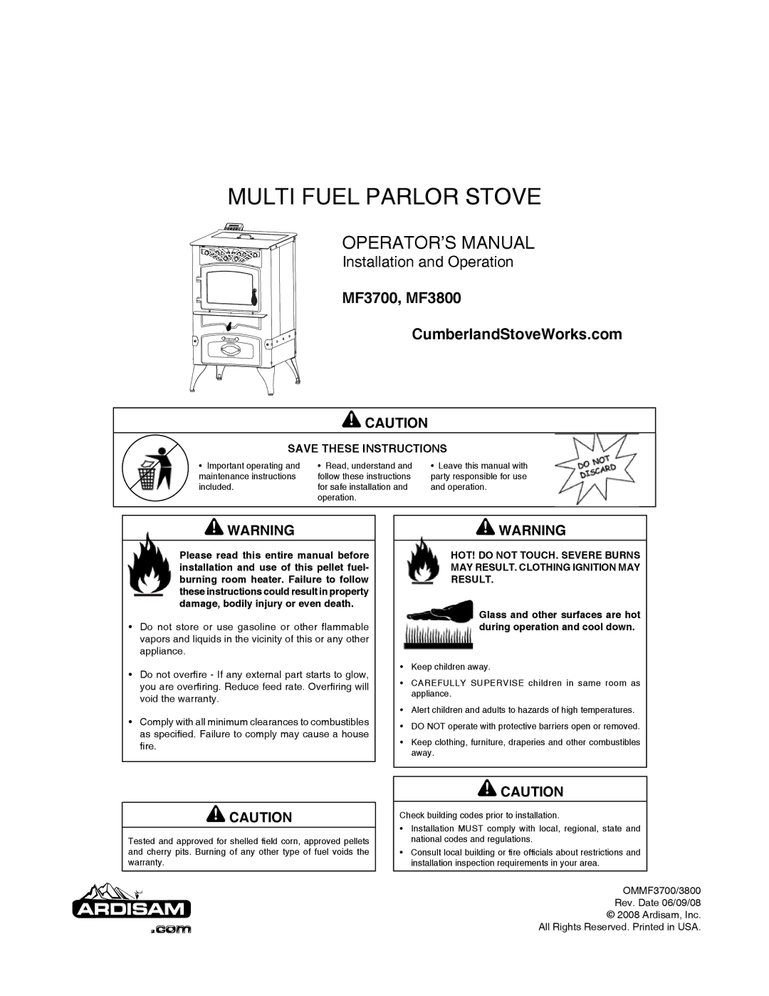 Cumberland Stove Works MF3800, MF3700 warranty 