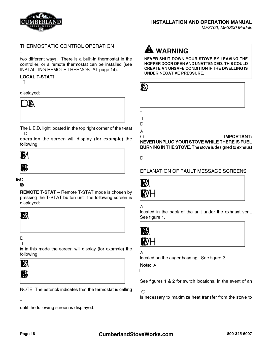 Cumberland Stove Works MF3800, MF3700 warranty Thermostatic Control Operation, Explanation of Fault Message Screens 