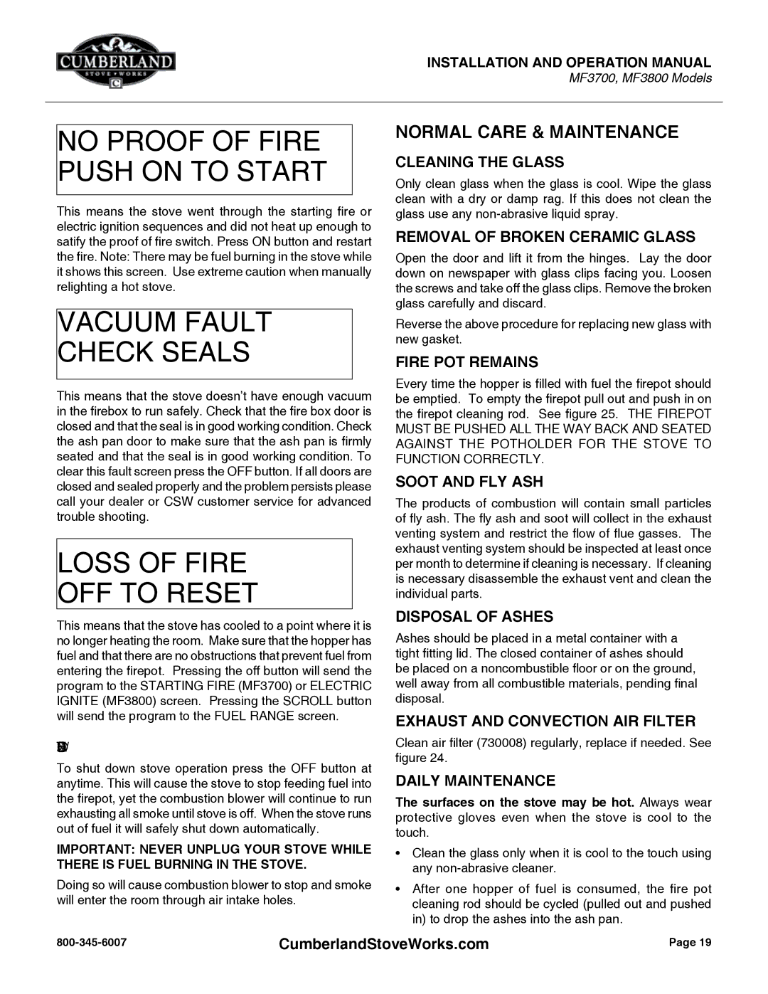 Cumberland Stove Works MF3700, MF3800 warranty Normal Care & Maintenance 